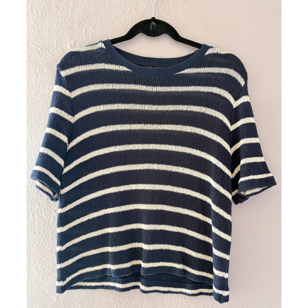 Massimo Dutti Womens Navy White Striped Short Sleeve Knit Top Coastal Minimalist